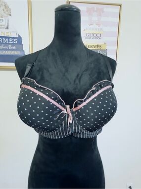 Dior Black Bra with Pink Polka Dot Trim and Bow